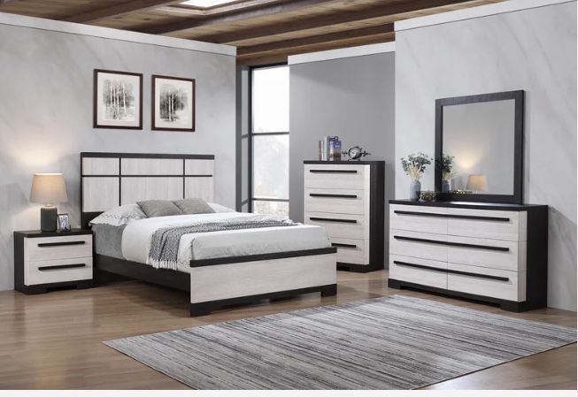 Remington Black/White Panel Bedroom Set ( Queen, king, twin, full bedroom set - bed frame- tall dresser, nightstand and chest, mattress options