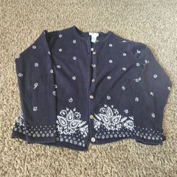Vintage Talbots Embroidered Cotton Cardigan – Navy & White (Made in Hong Kong)