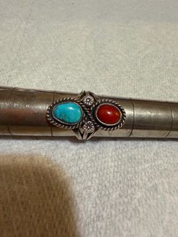 Sterling Silver Turquoise & Coral Ring Size 7 – Southwestern Native Style
