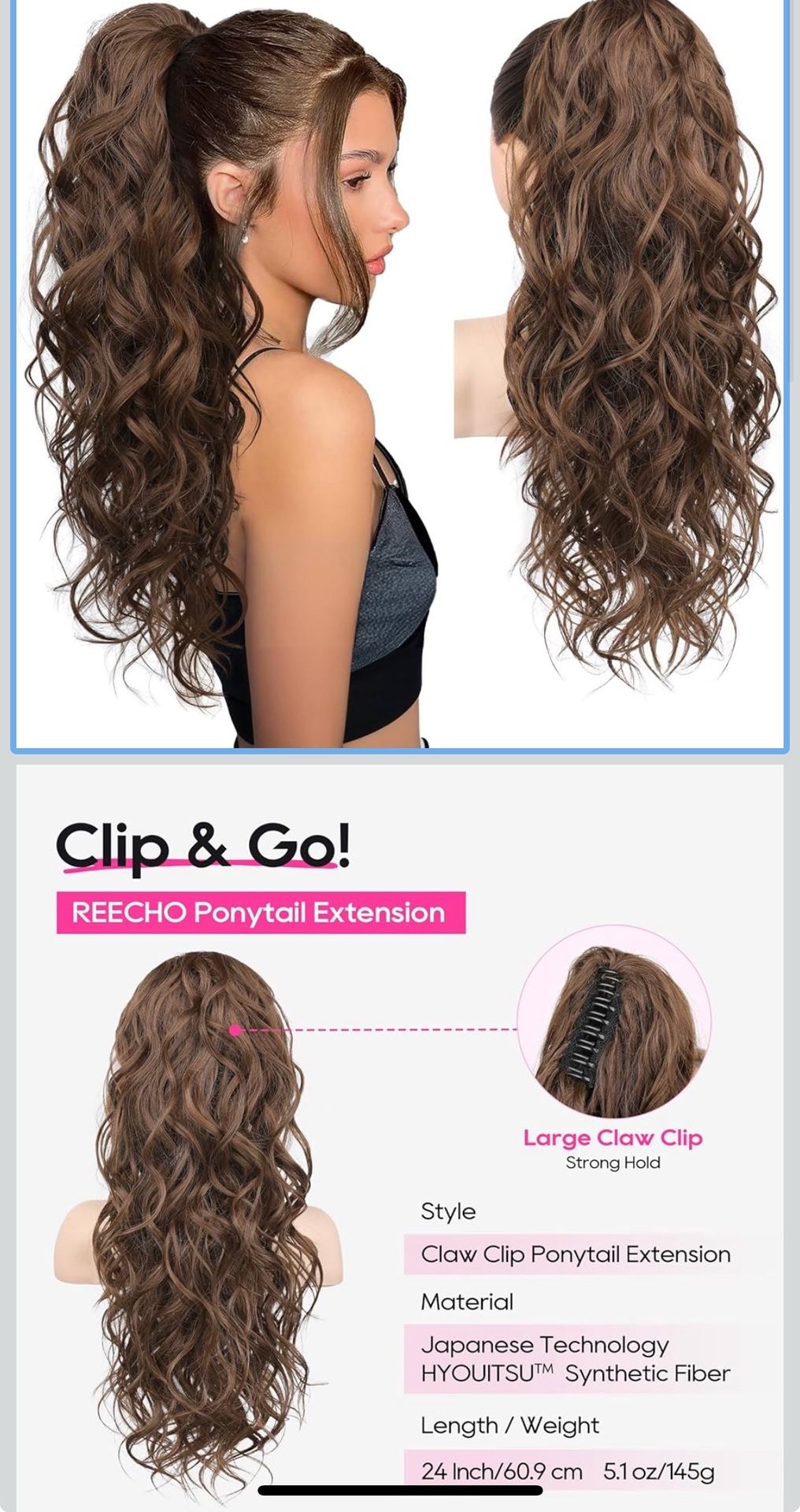 REECHO Ponytail Extension, 24" Claw Clip