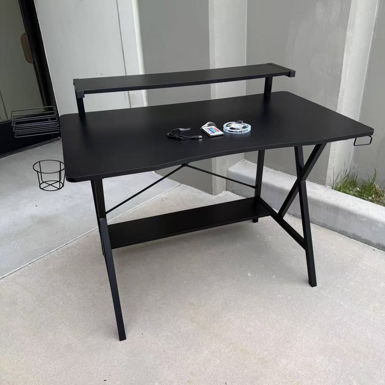 New In Box 42 Inch Gaming Gamer Game Office Computer Black Desk With Monitor Stand And LED Lights