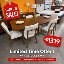 Mid Century Modern Walnut 7 Piece Dining Table Set  82"W X 38"D X 30"H