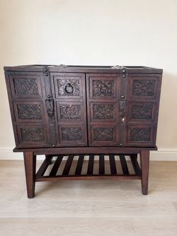 Antique Dark Wood Trunk with Embossed Panels