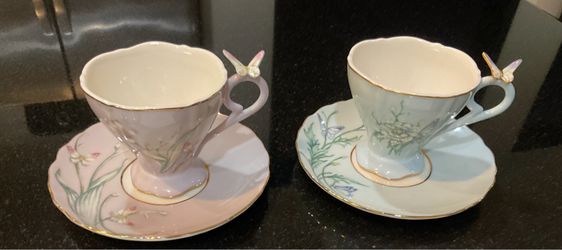 Two Bradford Editions  Porcelain Teacups & Saucers with Butterflies