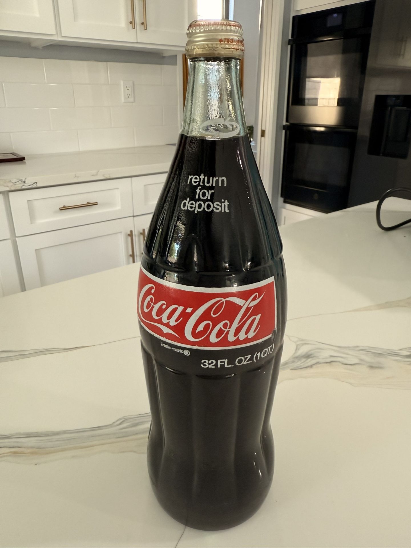 Rare Vintage Coca-Cola/Coke 32oz (1 qt) Glass Bottle w/Red Label 1970's Unopened .35cent price tag on cap.