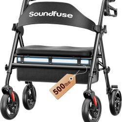 Soundfuse Bariatric Walker for Seniors with Extra Wide Seat, 500lb Heavy Duty Rollator Walker, Handle & Seat Height Adjustable Foldable Rolling Walker