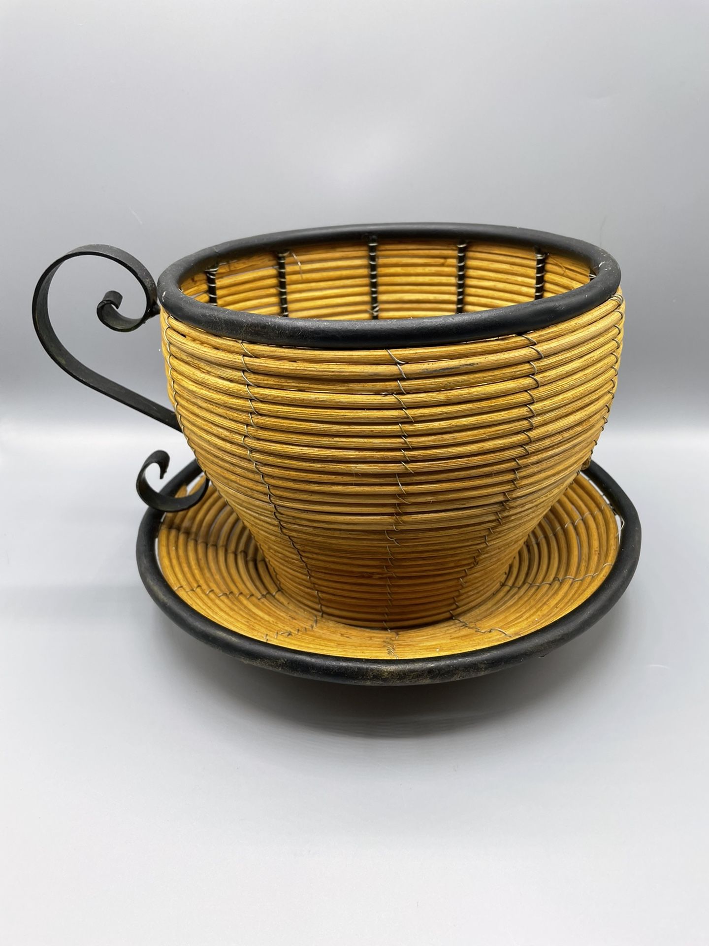 Large Metal and Wicker Tea Cup and Saucer Planter / Decorative Bowl