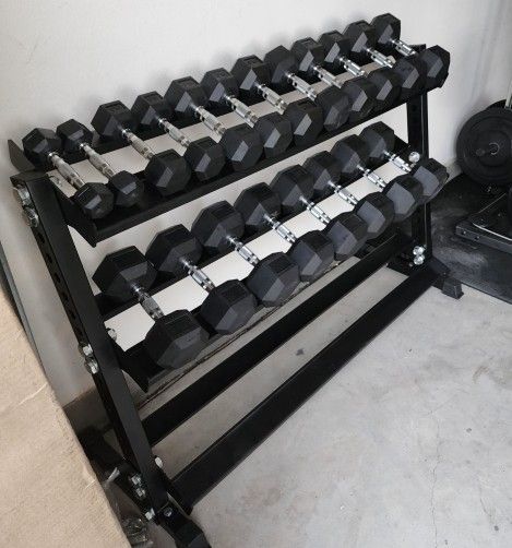 5-50lbs Rubber Hex Dumbells | Heavy-Duty Dumbell Rack Included | Gym Equipment | Fitness | Squat Rack | FREE DELIVERY π
