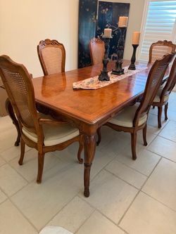French Provincial Dining Table with 6 Cane Back Chairs