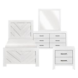 Brand new white/gray/brown twin bedframe + dresser + mirror + nighstand 4PCs bedroom set
