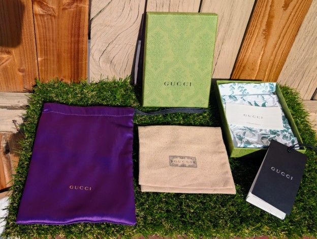 Gucci (Empty) Green Embossed Logo Box ~ 6.25"x 4.5" x 1" with 2 Small Dust Bags & More
