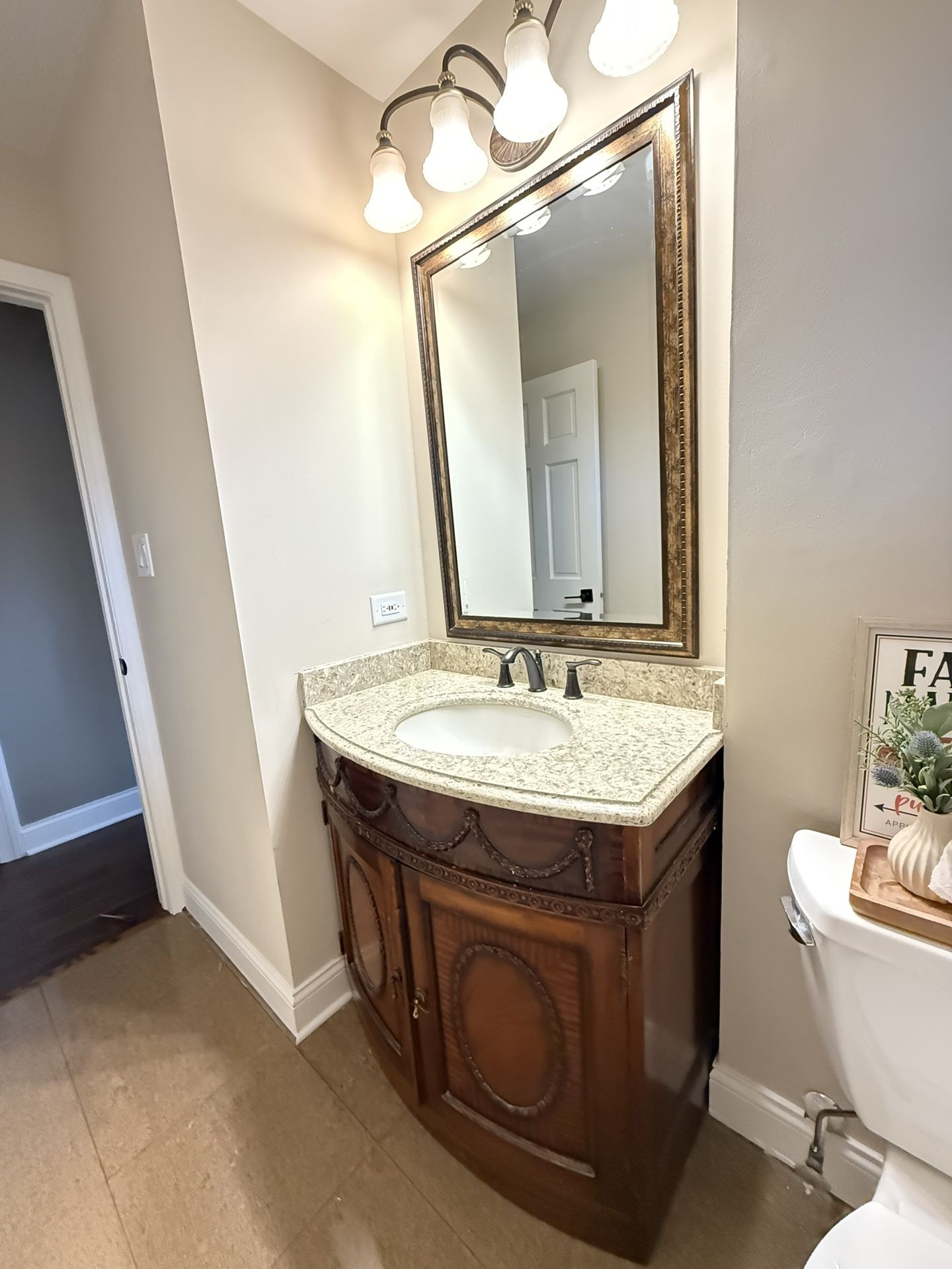 Premium Bathroom Vanity + Granite Top + Faucet + Mirror + Light Fixture