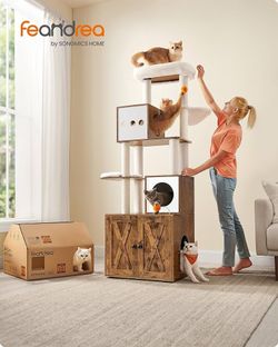 Modern Cat Tree with Litter Cover, Play Tower, Scratching Post with Toilet House, 185 cm, Kennel, Platform, Washable Mats, Rustic Brown PCT116X01