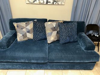 Blue Velvet 2-Seat Sofa with Throw Pillows