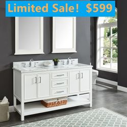 60-in White Bathroom Vanity with Carrara White Natural Marble Top,2104-C837D Clearance Sale