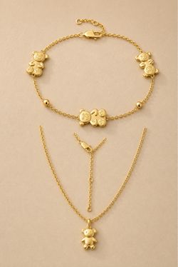 Gold Teddy Bear Bracelet and Necklace Set