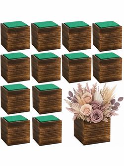 Dandat 12 Set Wood Cube Planter Box Square Wood Vase Rustic Cube Planter Box with Removable Plastic Liner Floral Foam Blocks for Centerpieces Home Wed