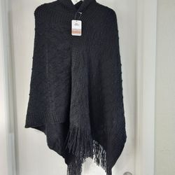 Asymmetrical Knit Black Poncho w/ Fringe and Hood – New - One size