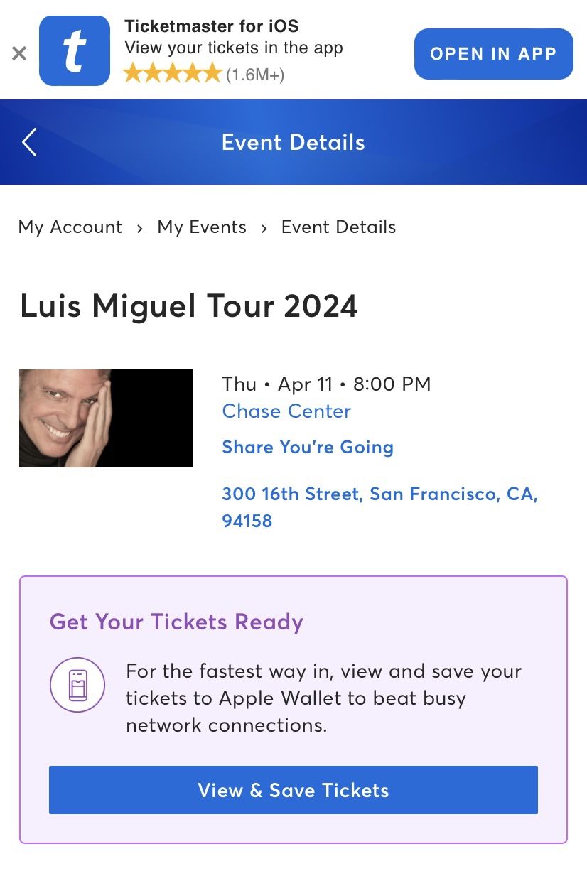 2 Luis Miguel Tickets For 4/11/24 CHASE CENTER San Francisco, CA