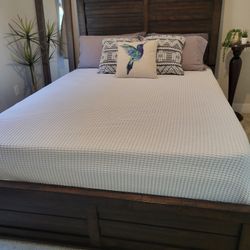 Queen Bed Frame with Headboard - Solid Wood, Rustic Dark Finish