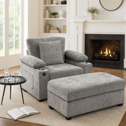 New Heavy Duty SUNWAVE Chaise Lounge Chair with Ottoman, Chenille Fabric Sofa Bed, Accent Chair with Cupholders & USB Charging Ports for Living Room, 