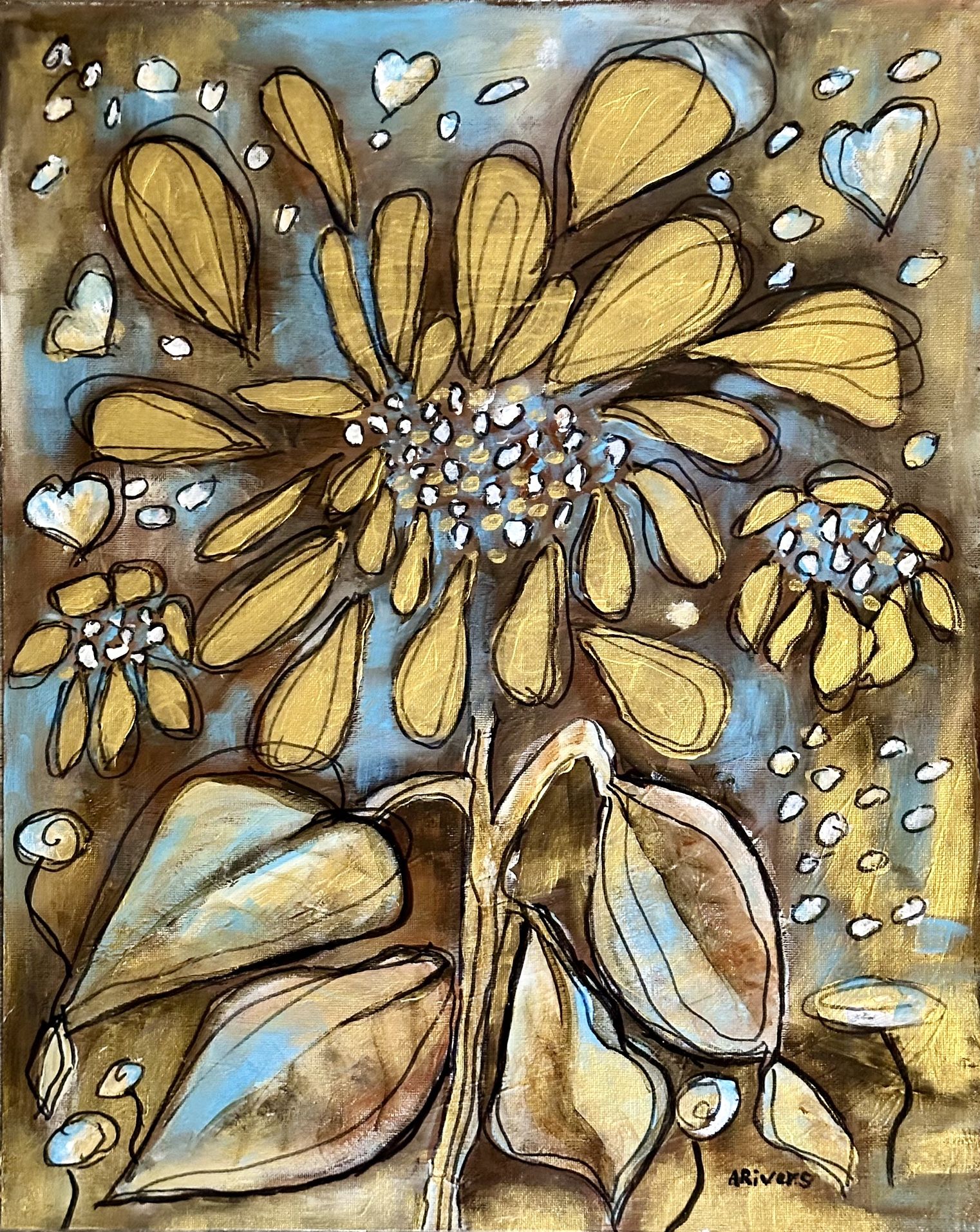“Golden Flower.” Original Acrylic Painting On Paper