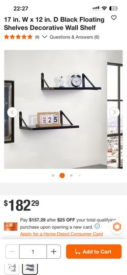 17” Black Floating Wall Shelves Set of 2 Decorative Display Shelves 17x12