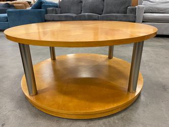Round Light Wood 2 Tier Coffee Table with Wheels