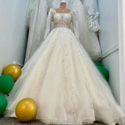 Stunning Designer-Style Wedding Ballgown — Long Sleeve, Fully Hand-Beaded