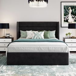 Black Velvet Queen Size Bed Frame With Lift Top Storage 