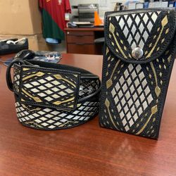 Nuevo Set De Cinto Y Funda Para Telefono Bordados En Plata