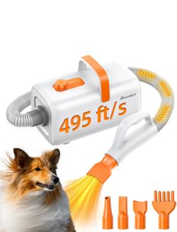Dog Blower Grooming Dryer for Beginner - Maximum 495ft/s High Velocity Pet Blow Dryer with Cool-Warm-Hot Cycle Mode, Adjustable Temp & Speed, Dog Drye