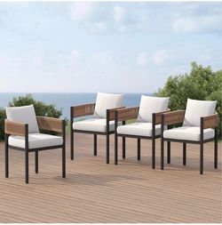 Outdoor Dining Chairs Set of 4, 4 Pieces Patio Dining Chairs, Metal Woven Wicker Fixed Patio Chairs with Light Beige Cushions for Backyard, Deck, Gard