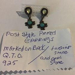 Stamped Q.T.O.  .925 Post Style Dangling  Earrings .Turquoise And Opal Stones  