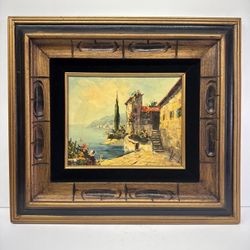 original italian oil painting framed Italian Harbor Scene Mediterranean 8x10” 