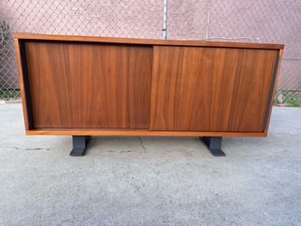 Crate And Barrel Mid-Century Modern Walnut Credenza with Sliding Doors