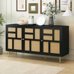 57" Black Modern Rattan Sideboard / Storage Cabinet / TV Stand w/ 3-Doors [NEW] **Retails for $338 <Assembly Req>