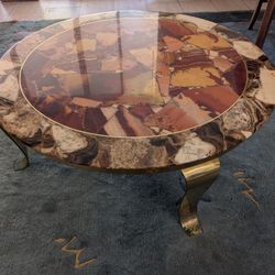 MULLER BROTHERS ONYX & ALABASTER COFFEE TABLE W CURVED BRASS LEGS