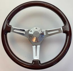 15 Inch Chrome Steering Wheel Dark Wood 3-Spoke + CHEVY Horn Button + Adapter