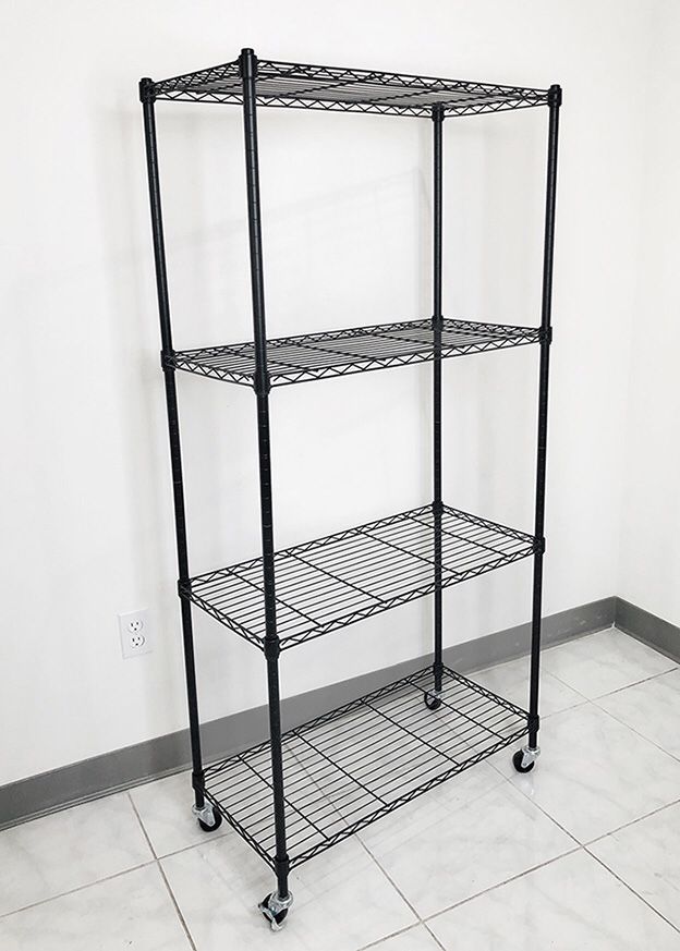 (New in box) $50 Metal 4-Shelf Shelving Storage Unit Wire Organizer Rack Adjustable w/ Wheel Casters 30x14x61”