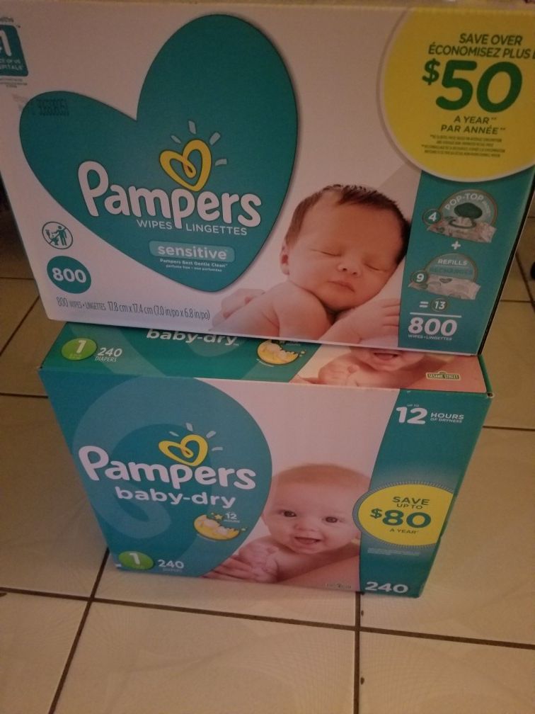 Baby-dry Pampers size 1, 240 counts... Pampers sensitive wipes 800 counts