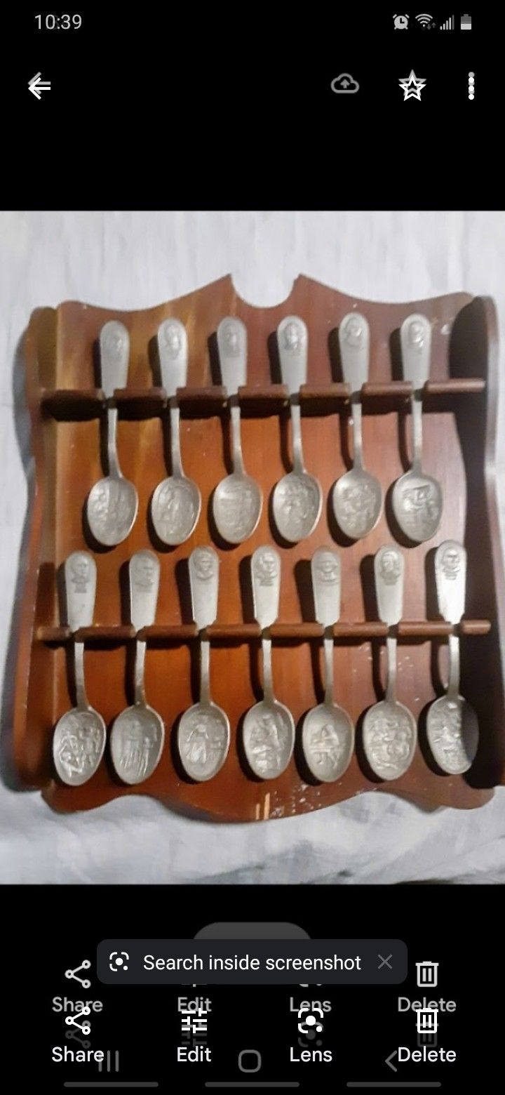 Thirteen Colonies Antique Pewter Spoons Collection With Rack