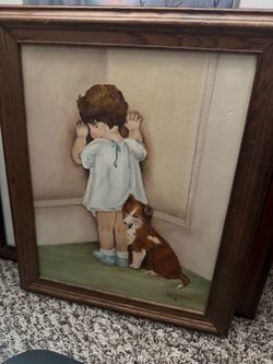Framed Oil Painting Girl and Puppy