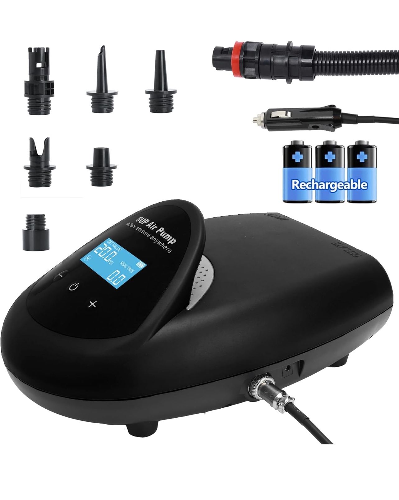 20PSI Rechargeable SUP Pump, 15000mAh Battery, Cordless Electric Paddle Board Pump with Dual-Stage Auto-Off, Fast Inflation/Deflation, LCD Display, 12