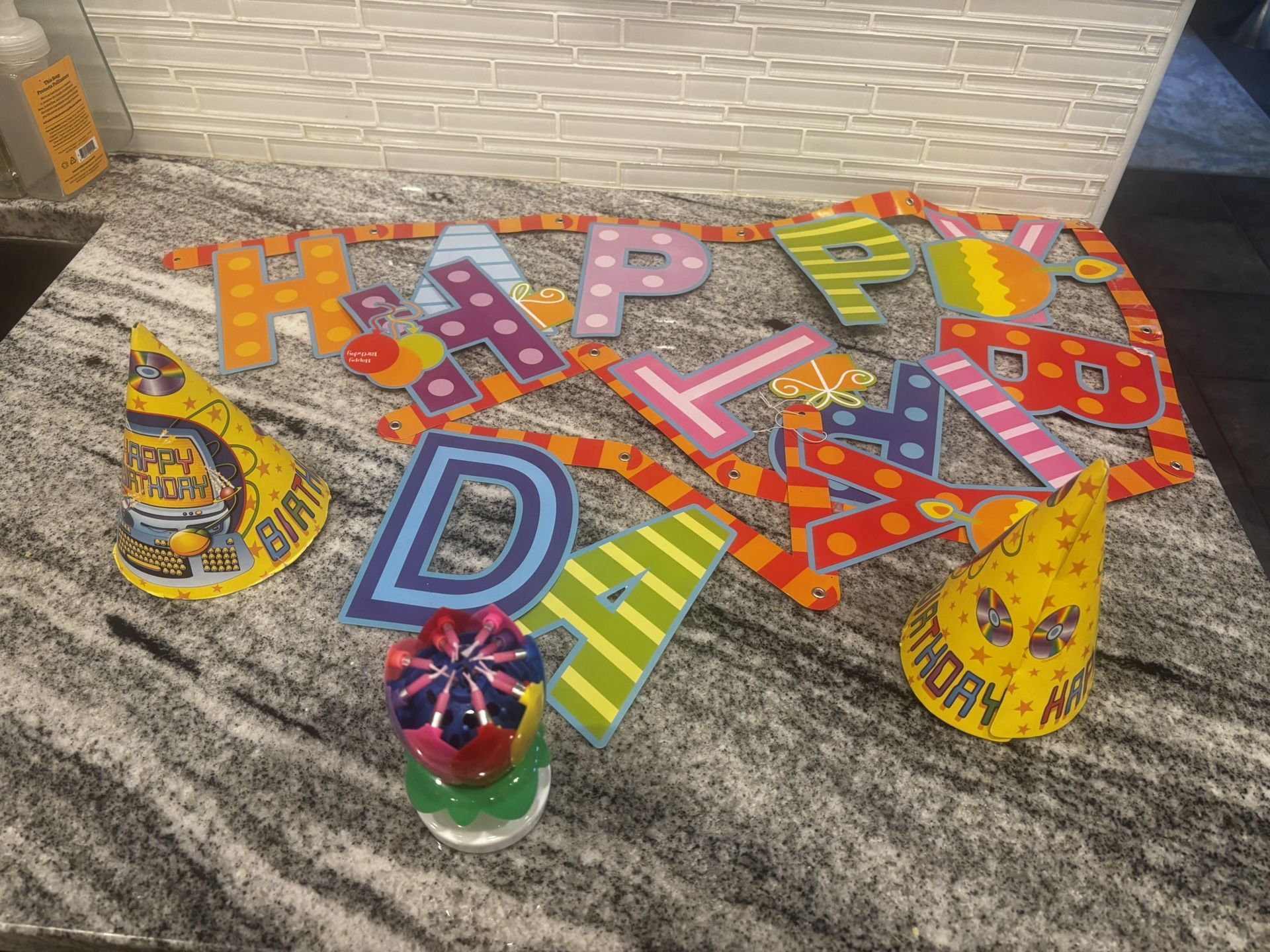 Birthday Party Supplies: Cake Decoration, Balloons, spinning candle, Happy Birthday Banner,