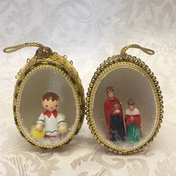 2 vintage egg diorama Christmas ornaments choir boys wise men gold beaded