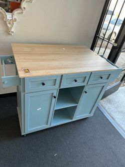 $180.00!! New Wooden Farmhouse Kitchen Island w/ Drop Leaf Countertop & Wheels Portable Rolling Island