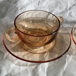 Vintage Amber Glass Cups And Saucers Set Of 4 Cambridge Glass Co