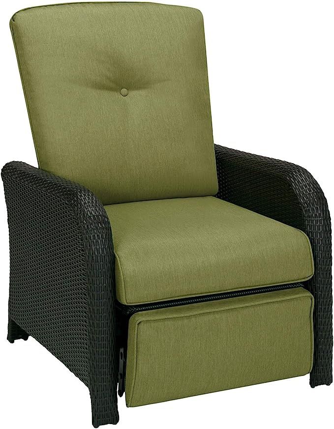 Hanover Strathmere Outdoor Patio Luxury Recliner Lounge Chair with Thick Foam Cushions, Steel Frames, Brown Wicker and Cilantro Green Cushions