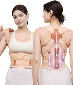 Posture Corrector for Women and Men, Full Back Support Brace, Beige, Small 5X Enhanced Support Rods, Armpit-Friendly, Breathable Mesh, Relief for Uppe